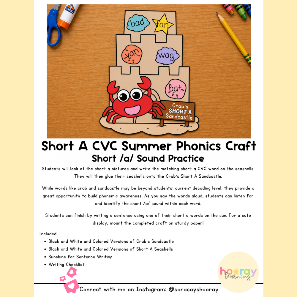 Short A Summer Phonics Craft